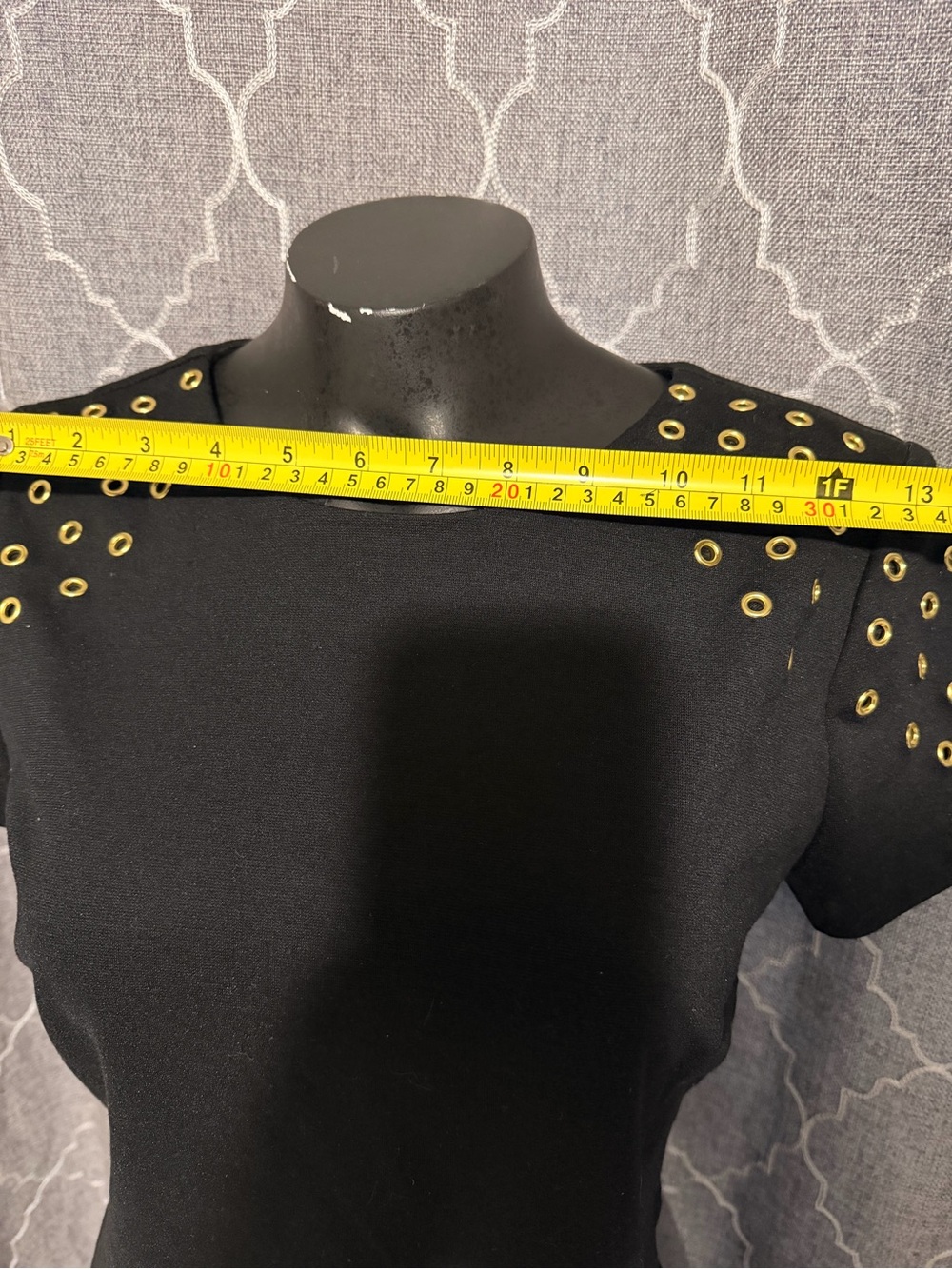 Michael Kors Black Mini Dress with Gold Eyelet Shoulders - Picture 2 of 4